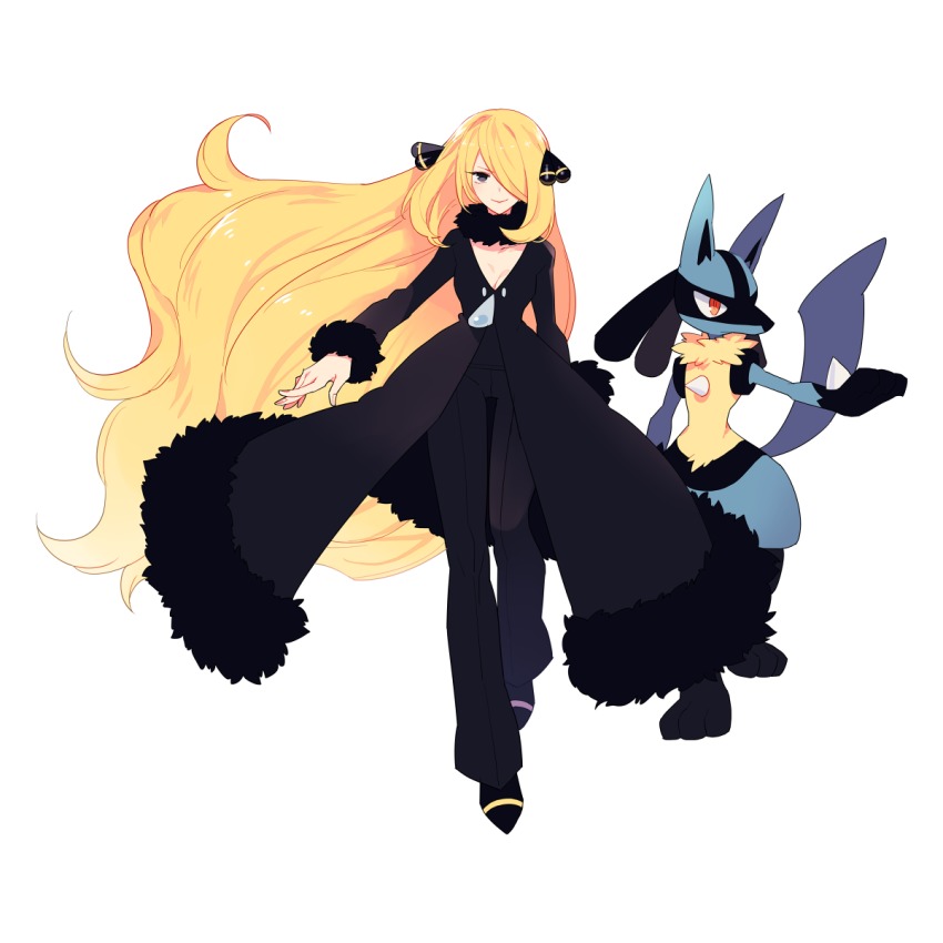 00s 1girl absurdly_long_hair blonde_hair breasts cleavage coat cynthia_(pokemon) female_focus formal_clothes fur_trim gen_4_pokemon gum_(gmng) hair_ornament hair_over_one_eye highres long_hair lucario medium_breasts nintendo pant_suit pants pokemon pokemon_(creature) pokemon_dppt suit very_long_hair white_background
