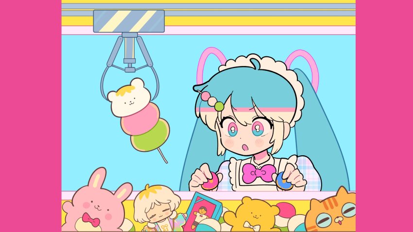 1girl apron blonde_hair blue_dress blue_eyes blue_hair bow bowtie crane_game dango dolman_(dm) dress food hatsune_miku highres maid_apron maid_headdress mochimochi_(vocaloid) multicolored_eyes pink_bow pink_bowtie pink_eyes plaid_clothes plaid_dress puffy_short_sleeves puffy_sleeves sanshoku_dango short_sleeves sidelocks solo stuffed_animal stuffed_cat stuffed_rabbit stuffed_toy teddy_bear twintails two-tone_eyes v vocaloid wagashi