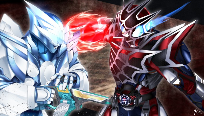 2boys absurdres angel angel_wings armor asymmetrical_armor battle blue_armor blue_eyes bug clenched_hand commentary demons_driver english_commentary extra_eyes fighting highres holy_live imminent_hit kamen_rider kamen_rider_demons kamen_rider_live livegun multiple_boys reiei_8 spider spider_genome spoilers typo upper_body visor wing_genome wings
