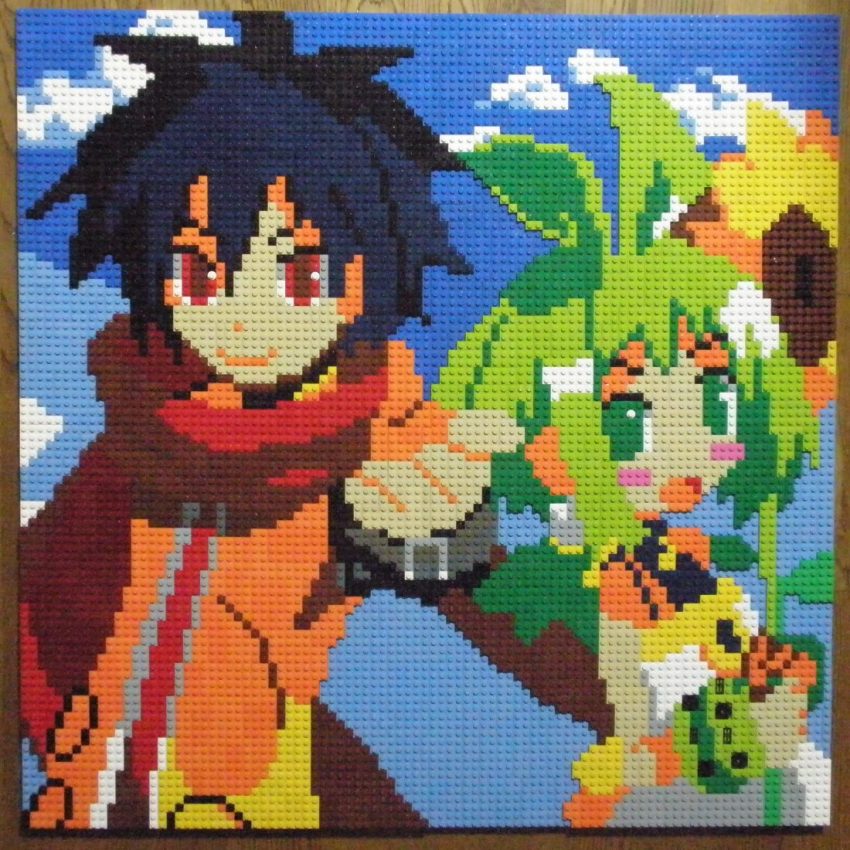 1boy 1girl ash_(phantom_brave) black_hair blue_sky closed_mouth cloud flower green_eyes green_hair holding holding_flower lego lego_(medium) looking_at_viewer marona_(phantom_brave) open_mouth outdoors phantom_brave photo_(medium) pixel_art red_eyes red_scarf scarf short_hair sky smile sunflower unconventional_media upper_body you_rei_(blowback)