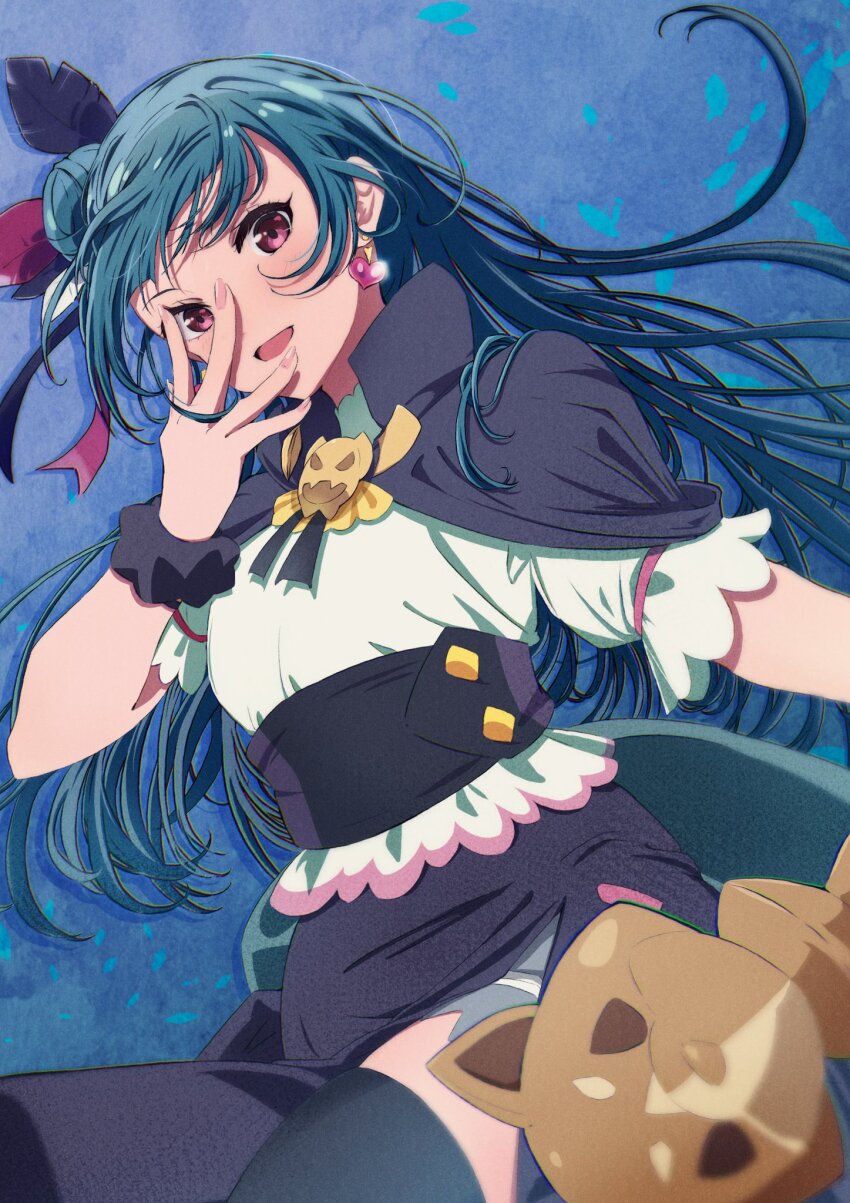 1girl :d black_capelet black_feathers black_skirt black_thighhighs blouse blue_hair brooch capelet commentary_request cowboy_shot earrings feather_hair_ornament feathers frontrivers_kae genjitsu_no_yohane grey_skirt hair_bun hair_ornament heart heart_earrings highres holding holding_staff jewelry long_hair looking_at_viewer love_live! love_live!_sunshine!! miniskirt open_mouth overskirt pink_eyes puffy_short_sleeves puffy_sleeves red_feathers shirt short_sleeves single_side_bun skirt smile solo staff thighhighs tsushima_yoshiko white_shirt yohane_(genjitsu_no_yohane)