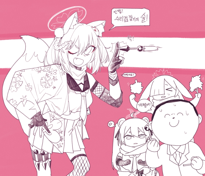 &gt;_&lt; 1boy 1koma 3girls absurdres ahoge animal_ears doodle_sensei_(blue_archive) asymmetrical_bangs blue_archive clenched_hands cocomayo29_(tomato) comic commentary eyebrows_hidden_by_hair eyeliner fang fishnet_thighhighs fishnets floral_print formal_clothes fox_ears fox_girl gloves hadanugi_dousa hair_over_one_eye halo highres holster izuna_(blue_archive) japanese_clothes kimono korean_commentary korean_text kunai long_hair long_sleeves looking_at_viewer lop_rabbit_ears michiru_(blue_archive) multiple_girls necktie nervous_sweating one_eye_closed open_clothes open_kimono open_mouth partially_colored partially_fingerless_gloves rabbit_ears raccoon_ears raccoon_hair_ornament red_eyeliner scarf sensei_(blue_archive) single_thighhigh speech_bubble suit sweat thigh_holster thighhighs translation_request tsukuyo_(blue_archive) twin-bush_disguise twintails weapon wrist_wrap