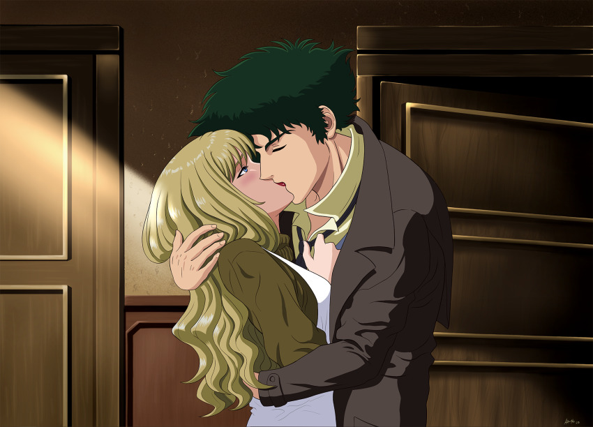 blonde_hair catsuit closed_eyes couple cowboy_bebop curly_hair highres imminent_kiss julia_(cowboy_bebop) kiss non-web_source spike_spiegel