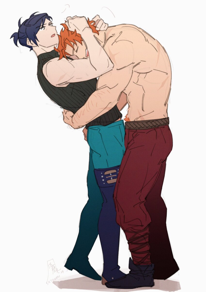 2boys abs absurdres aqua_pants arms_around_waist arms_up back bare_shoulders blue_footwear blue_hair boots closed_eyes dark_blue_hair felix_hugo_fraldarius fire_emblem fire_emblem:_three_houses full_body groin hands_on_another&#039;s_head highres hug looking_at_another male_focus male_pubic_hair multiple_boys nintendo open_mouth orange_hair pants ponytail pubic_hair red_pants satodee scar scar_on_back scar_on_shoulder shadow short_hair short_ponytail shoulder_blades simple_background sleeveless sleeveless_turtleneck standing sylvain_jose_gautier teeth thigh_boots topless_male turtleneck upper_teeth_only wavy_hair white_background yaoi