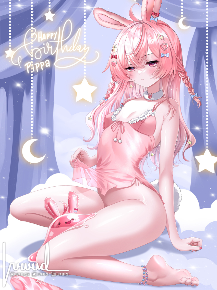1girl animal_ears anklet barefoot bead_anklet beads bow braid ear_bow feet hair_ornament heart heart_hair_ornament highres jewelry luwudco phase_connect pink_eyes pipkin_pippa pout rabbit_ears rabbit_girl rabbit_hair_ornament rabbit_ornament side_braids soles toes virtual_youtuber