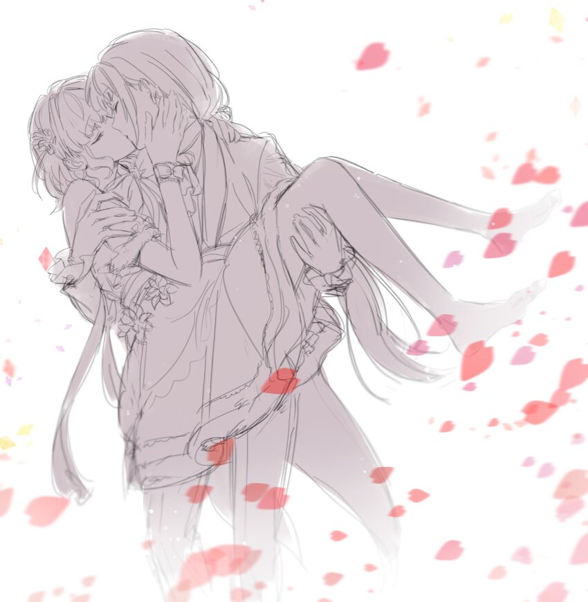 2girls ascot barefoot butler carrying carrying_person cerise_bouquet commentary dress english_commentary falling_petals feet_out_of_frame female_butler flower full_body greyscale hair_flower hair_ornament hand_on_another&#039;s_cheek hand_on_another&#039;s_face hand_on_another&#039;s_neck highres hinoshita_kaho hinoshita_kaho_(kiseki_no_butoukai_(103rd)) kiss link!_like!_love_live! long_hair love_live! low_ponytail medium_dress medium_hair monochrome multiple_girls off-shoulder_dress off_shoulder official_alternate_costume otomune_kozue otomune_kozue_(kiseki_no_butoukai_(103rd)) petals ponytail princess_carry sketch standing tailcoat virtual_youtuber white_background yuri zenma_trang