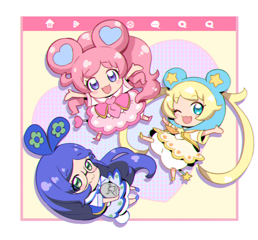 3girls :3 :d animal_ears animal_hood aoba_rinka blonde_hair blue_dress blue_eyes blue_hair chibi detached_hood dress drop_shadow full_body glasses green_eyes highres hood hood_up kiratto_pri_chan long_hair looking_at_viewer moegi_emo momoyama_mirai mouse_ears mouse_hood multiple_girls murakami_hisashi one_eye_closed open_mouth pink_dress pink_hair ponytail pretty_series purple_eyes sidelocks smile twintails window_(computing) yellow_dress