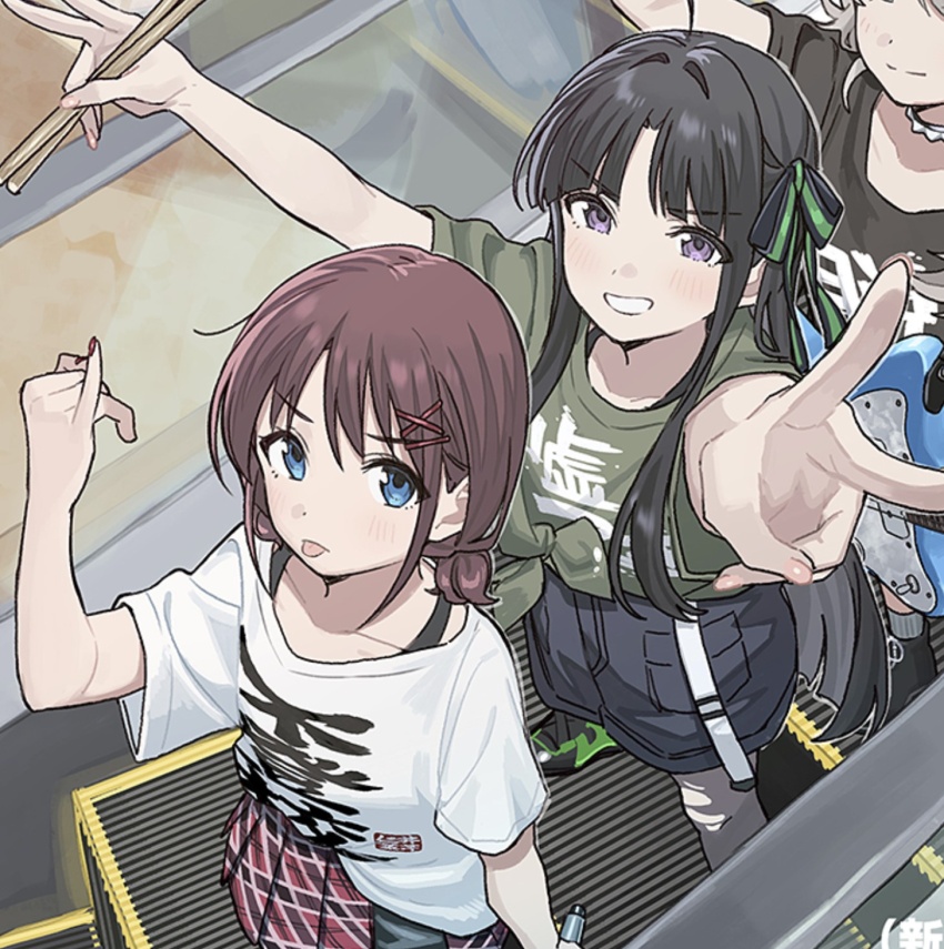 3girls awa_subaru blue_eyes brown_hair drumsticks elevator girls_band_cry iseri_nina kawaragi_momoka multiple_girls pinky_out shirt t-shirt tongue tongue_out