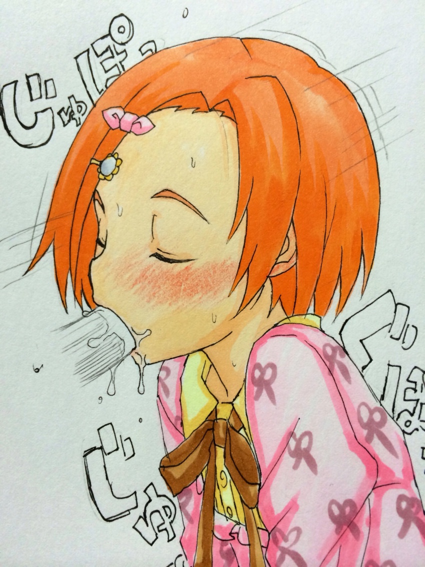 10s 1boy 1girl blush closed_eyes fellatio fujioka_(azunxan) hair_ornament hairclip hetero highres idolmaster idolmaster_cinderella_girls oral orange_hair penis ryuzaki_kaoru short_hair sweat traditional_media uncensored