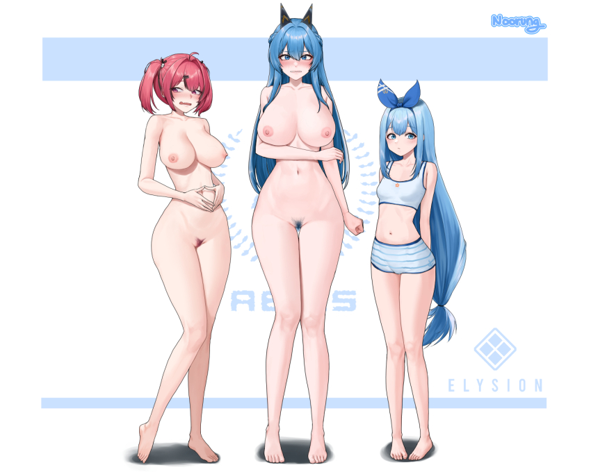 3girls aegis_(nikke) anchor_(nikke) artist_name bare_shoulders barefoot blue_bra blue_eyes blue_hair blue_shorts blush bra breasts cleavage commentary completely_nude feet female_pubic_hair full_body goddess_of_victory:_nikke hair_ornament hair_ribbon helm_(nikke) highres large_breasts long_hair mast_(nikke) multiple_girls navel nipples noorung nude pubic_hair red_eyes red_hair ribbon short_hair shorts small_breasts stomach toes twintails underwear very_long_hair