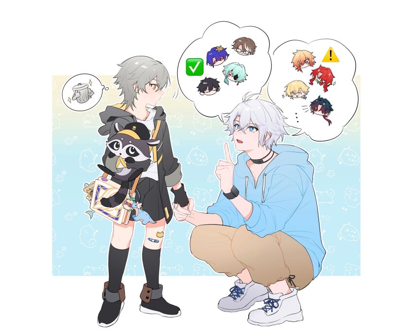 6+boys ^_^ aged_down anaxa_(honkai:_star_rail) animal animal_background animal_ears animal_nose antenna_hair aqua_eyes aqua_hair argenti_(honkai:_star_rail) arm_ribbon aventurine_(honkai:_star_rail) aventurine_(origami_bird)_(honkai:_star_rail) bag bandaid bandaid_on_leg black-framed_eyewear black_boots black_choker black_coat black_gloves black_hair black_hat black_shorts black_socks blade_(honkai:_star_rail) blonde_hair blue_background blue_eyes blue_hair blue_hoodie boots border brown_hair brown_pants bubbles_(honkai:_star_rail) caelus_(honkai:_star_rail) charm_(object) child choker closed_eyes closed_mouth coat crossed_bangs dan_heng_(honkai:_star_rail) dan_heng_(hunt)_(honkai:_star_rail) dr._ratio_(honkai:_star_rail) earrings eyepatch fingerless_gloves flower freaknaru123 full_body glasses gloves gradient_hair grey_fur grey_hair hair_between_eyes hair_ornament hair_over_one_eye half-closed_eyes hat highres holding holding_animal holding_hands honkai:_star_rail honkai_(series) hood hooded_coat hoodie index_finger_raised jewelry leaf_hair_ornament long_hair long_sleeves looking_at_another lordly_trashcan_(honkai:_star_rail) low_ponytail male_focus multicolored_eyes multicolored_hair multiple_boys mydei_(honkai:_star_rail) no_mouth open_clothes open_coat open_mouth origami_bird_(honkai:_star_rail) outside_border pants phainon_(honkai:_star_rail) ponytail puffy_long_sleeves puffy_sleeves purple_eyes purple_hair raccoon raccoon_ears raccoon_tail red_eyes red_flower red_hair red_rose ribbon rose semi-rimless_eyewear shirt shoes short_hair shorts sidelocks single_earring smile sneakers socks sparkle speech_bubble spoken_character squatting standing sticker_on_leg streaked_hair t-shirt tail thought_bubble trailblazer_(honkai:_star_rail) trash_can two-sided_coat two-sided_fabric visor_cap watch wavy_hair welt_yang white_bag white_border white_hair white_shirt white_sneakers wristwatch yellow_coat yellow_eyes