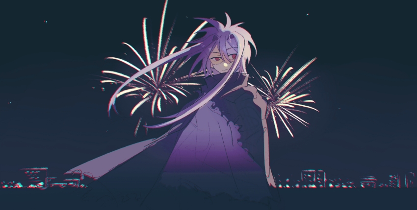 1boy absurdres black_cape cape closed_mouth fireworks hai_(1210080) hair_between_eyes hair_intakes highres male_focus night nijou_ryuu outdoors patchwork_skin purple_hair purple_shirt red_eyes saibou_shinkyoku shirt short_hair_with_long_locks skyline solo torn_cape torn_clothes
