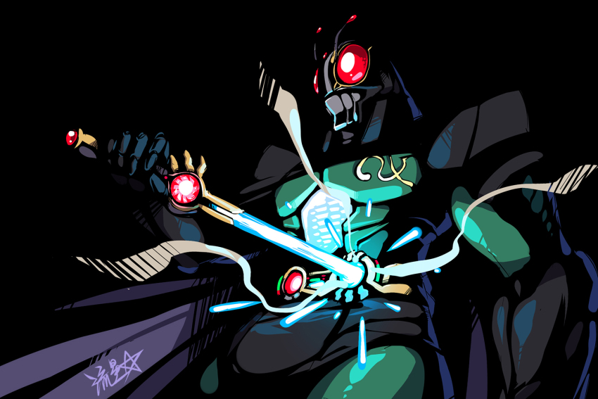 1boy armor black_background cape cowboy_shot drawing_sword energy_sword full_armor helmet holding holding_sword holding_weapon kamen_rider kamen_rider_black_rx male_focus pauldrons purple_cape ryuusei_(mark_ii) shoulder_armor signature simple_background solo sword weapon