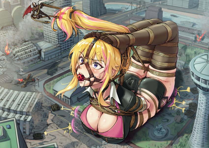 1boy 1girl aircraft airplane angel_wings anger_vein asymmetrical_wings ball_gag bdsm black_thighhighs blonde_hair boat bondage bound bound_arms bound_legs breasts bridge captured city cleavage commentary_request commission contortion defeat demon_wings destruction drooling feet flexible gag gag_harness gagged giant giantess high_ponytail highres hogtie large_breasts military_vehicle motor_vehicle o-ring original over-kneehighs pantyhose ponytail purple_eyes restrained revision root001 ruins shibari shibari_over_clothes striped_hair tank thighhighs toes watercraft wiffle_gag wings