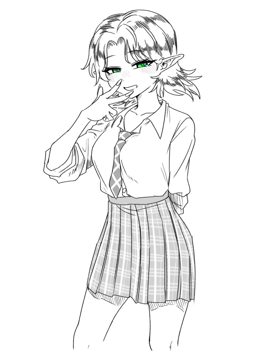 1girl alternate_costume arm_behind_back between_breasts blush breasts collared_shirt commentary_request contemporary cowboy_shot fingernails green_eyes grin highres looking_at_viewer medium_breasts mizuhashi_parsee necktie necktie_between_breasts parted_bangs plaid_clothes plaid_skirt pointy_ears shirt short_hair simple_background skirt smile solo spot_color touhou yokozuna_iwashi