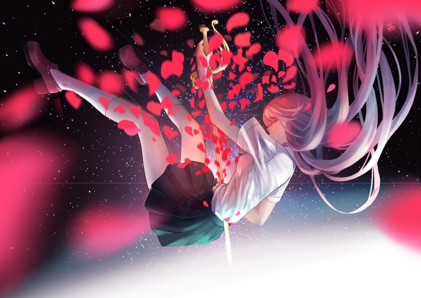 1girl alternate_body_fluid black_skirt breasts closed_mouth female_focus floating_hair from_side full_body holding holding_sword holding_weapon loafers long_hair original petals pink_hair rose_petals saphirya self-harm shirt shoes short_sleeves skirt small_breasts socks solo stab sword weapon white_shirt white_socks