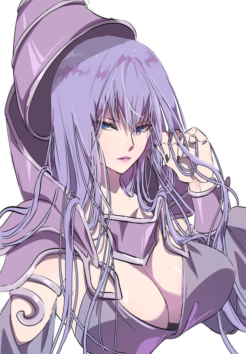 1girl blue_eyes breasts cleavage dark_magician duel_monster genderswap genderswap_(mtf) hat highres large_breasts long_hair purple_hair purple_hat purple_lips simple_background solo upper_body very_long_hair white_background yu-gi-oh! zackpyo