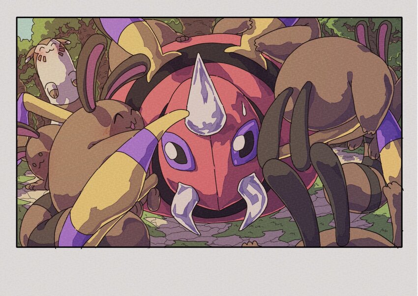 :3 animal_focus ariados day furret gen_2_pokemon highres nintendo no_humans on_ground onamuzi_illust outdoors playing pokemon pokemon_(creature) pokemon_focus sentret shadow sweatdrop tree