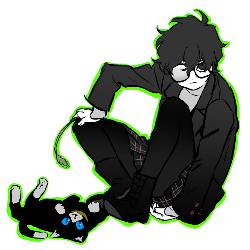 1boy amamiya_ren animal black-framed_eyewear black_boots black_hair black_jacket black_leggings blue_eyes boots cat crossdressing full_body glasses grey_eyes grey_shirt highres holding holding_cat_teaser jacket jogwui lapels leggings long_sleeves lower_eyelashes_only male_focus morgana_(cat)_(persona_5) morgana_(persona_5) persona persona_5 plaid_clothes plaid_skirt shirt short_hair simple_background sitting skirt suit_jacket white_background