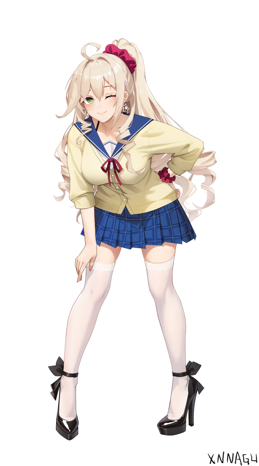 1girl ;) ahoge aiba_asagi aiba_asagi_(cosplay) black_shoes blonde_hair blue_sailor_collar blue_skirt breasts chinese_commentary commentary_request cosplay hair_ornament hair_scrunchie hairclip hand_on_own_thigh high_heels highres large_breasts leaning_forward long_hair looking_at_viewer miniskirt missouri_(warship_girls_r) neck_ribbon one_eye_closed patent_heels plaid_clothes plaid_skirt pleated_skirt ponytail pumps red_ribbon red_scrunchie ribbon saikai_academy_school_uniform sailor_collar school_uniform scrunchie shoes skirt smile solo strike_the_blood thighhighs very_long_hair warship_girls_r wrist_scrunchie xnnagu zettai_ryouiki