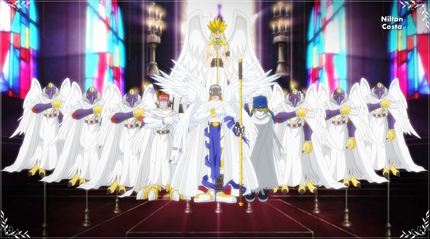 angel angel_boy angel_girl angemon baalmon belt digimon digimon_xros_wars goddess_(digimon_xros_wars) highres karatenmon mask silphymon staff third_eye wings