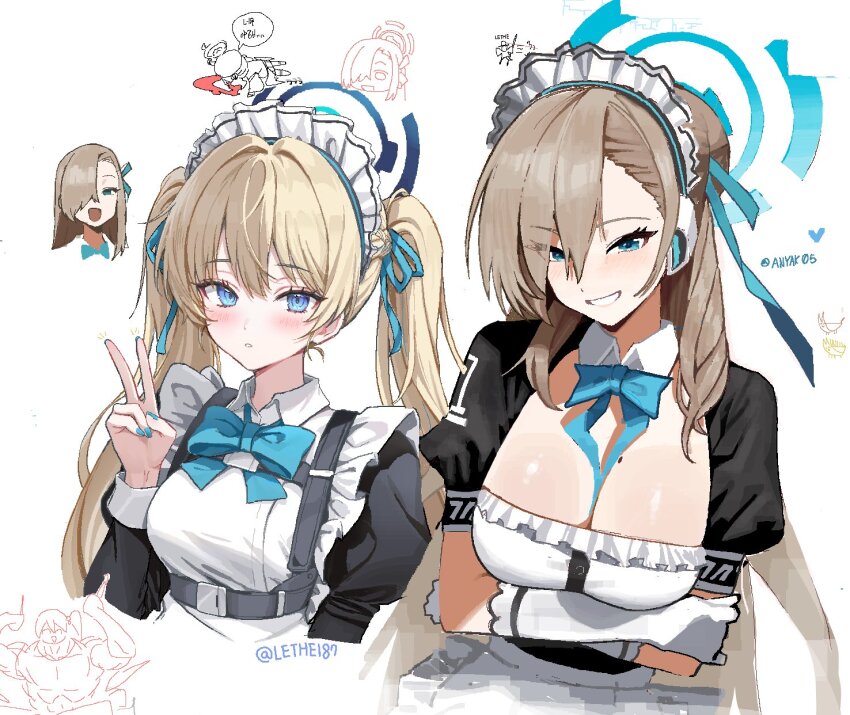 2girls anyak05 arms_under_breasts artist_name asuna_(blue_archive) blonde_hair blood blue_archive blue_bow blue_bowtie blue_eyes blue_halo blue_nails blue_ribbon blush bow bowtie breasts earpiece female_focus gloves hair_ornament hair_over_one_eye hair_ribbon halo highres koharu_(blue_archive) large_breasts lethe_(lethe187) long_hair looking_at_viewer maid mole mole_on_breast multiple_girls nosebleed ribbon skirt smile tagme toki_(blue_archive) twintails white_background white_gloves wings