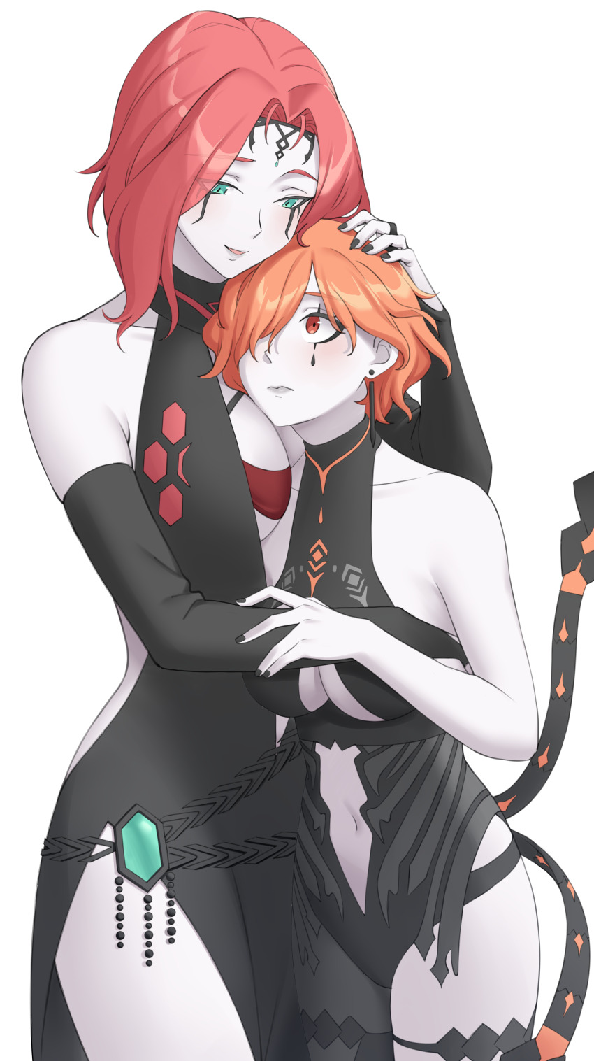 2girls absurdres aemu1008 aemu_(artist) agarthan alternate_costume blush breasts cleavage_cutout cleobulus_(fire_emblem) clothing_cutout cornelia_arnim cuddling facial_tattoo fan_design fire_emblem fire_emblem:_three_houses highres holding_to_chest kronya_(fire_emblem) large_breasts mature_female multiple_girls nintendo orange_hair pale_skin red_eyes red_hair tattoo twsitid yuri