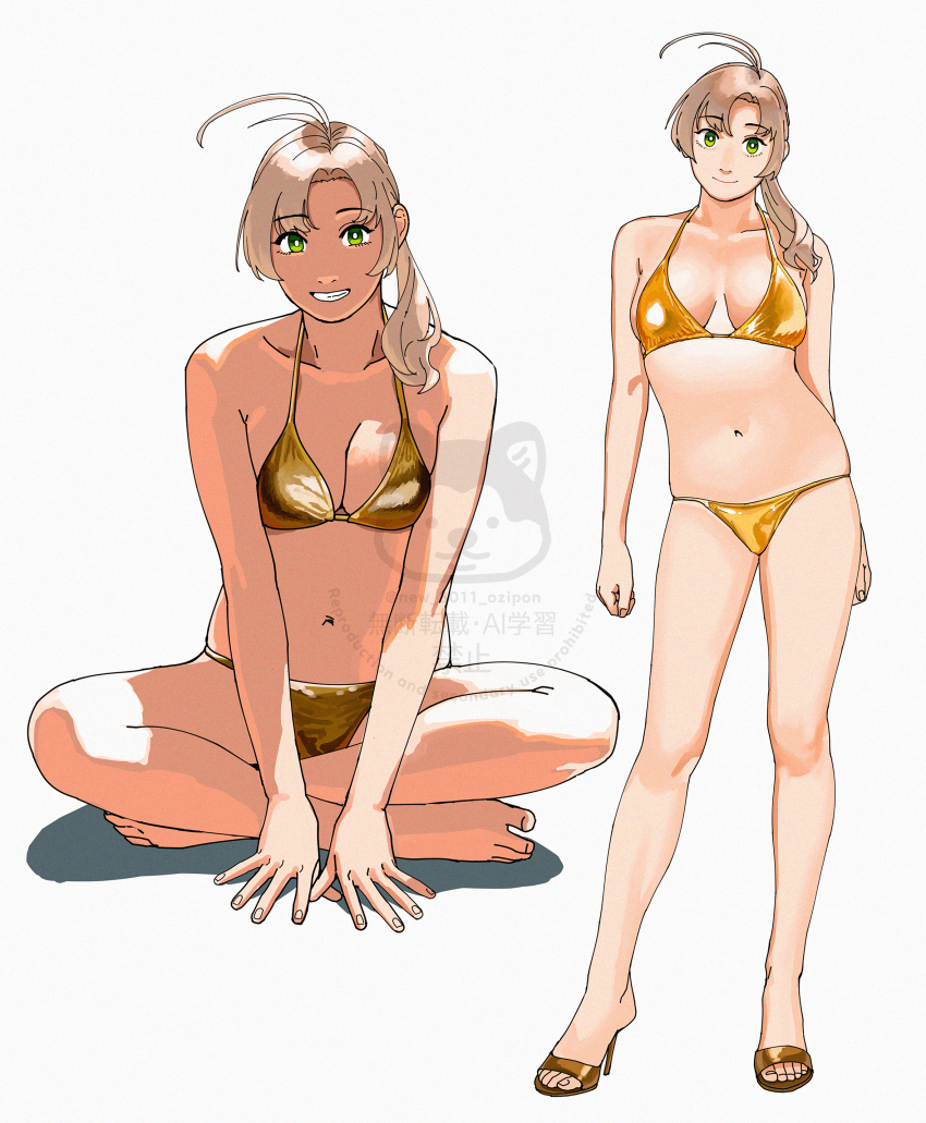 1girl absurdres antenna_hair barefoot bikini breasts bright_pupils cleavage closed_mouth collarbone full_body gold_bikini green_eyes grey_hair hair_over_shoulder hair_tie high_heels highres indian_style kantai_collection kinugasa_(kancolle) kinugasa_kai_ni_(kancolle) large_breasts looking_at_viewer multiple_views ojipon side_ponytail simple_background sitting smile standing swimsuit twitter_username watermark white_background white_pupils