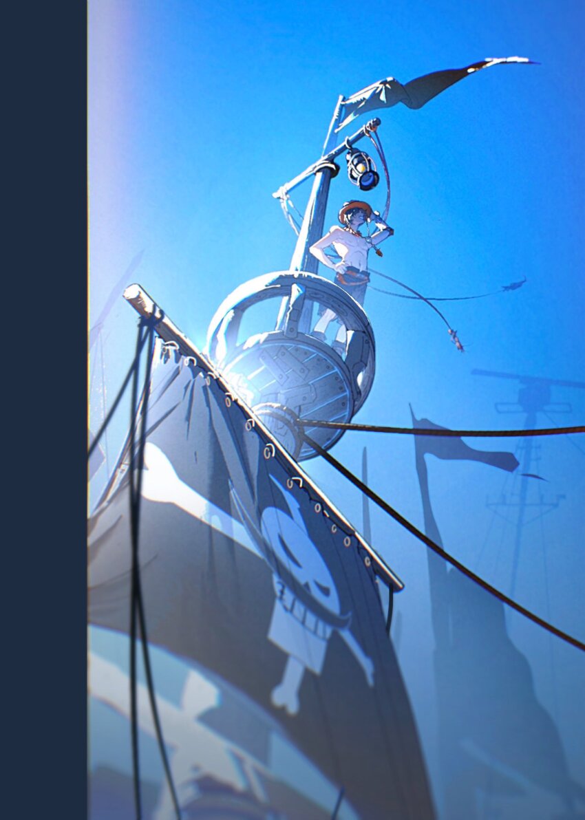 1boy belt blue_theme elbow_pads flag hand_on_headwear hashtag-only_commentary hat highres jolly_roger male_focus mast one_piece onecata11 orange_belt orange_hat portgas_d._ace shorts sidelighting single_elbow_pad smile solo topless_male veil whitebeard_pirates_jolly_roger