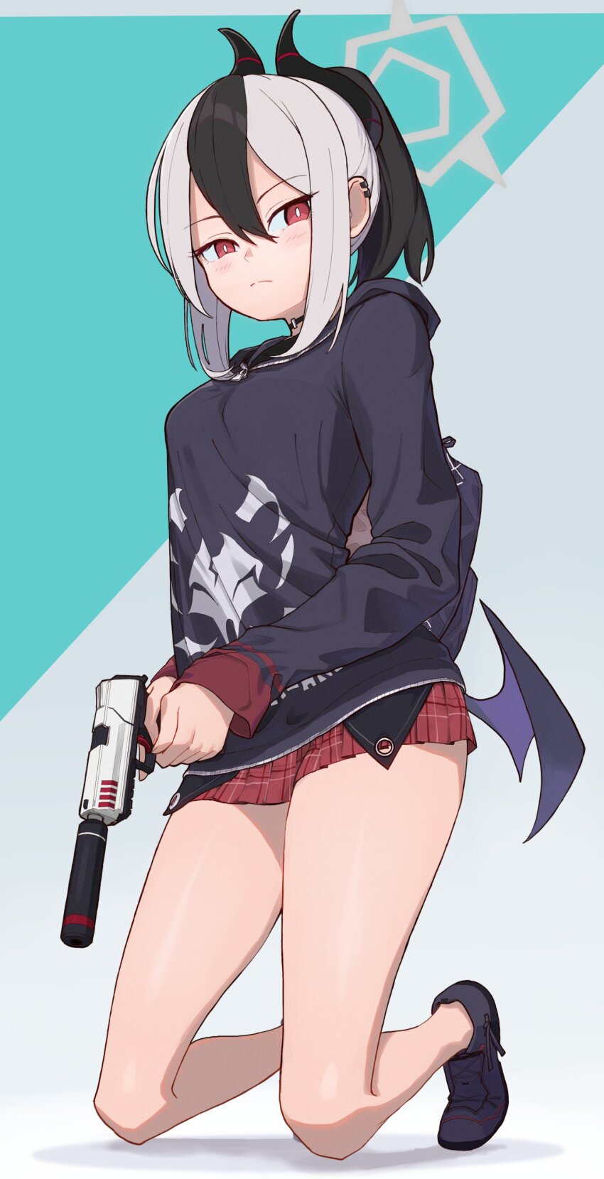 1girl absurdres black_hair black_hoodie black_jacket black_shoes blue_archive blush choker closed_mouth demon_girl demon_horns ear_piercing grey_hair gun halo highres holding hood hoodie horns izumo_(ton_63) jacket kayoko_(blue_archive) kneeling long_sleeves looking_at_viewer low_wings miniskirt multicolored_hair piercing plaid_clothes plaid_skirt pleated_skirt ponytail red_eyes red_skirt shoes short_hair short_hair_with_long_locks simple_background single_wing skirt sleeves_past_wrists solo two-tone_hair weapon white_hair wings
