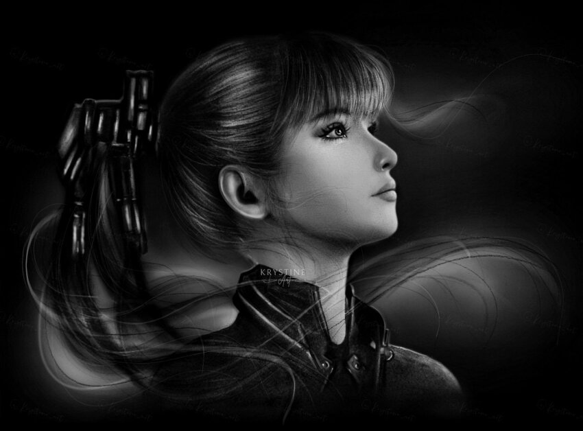 1girl collared_jacket commentary derivative_work english_commentary eve_(stellar_blade) jacket krystine_art lips long_hair looking_ahead monochrome photorealistic ponytail raven_suit_(stellar_blade) realistic screenshot_redraw signature simple_background solo stellar_blade upper_body