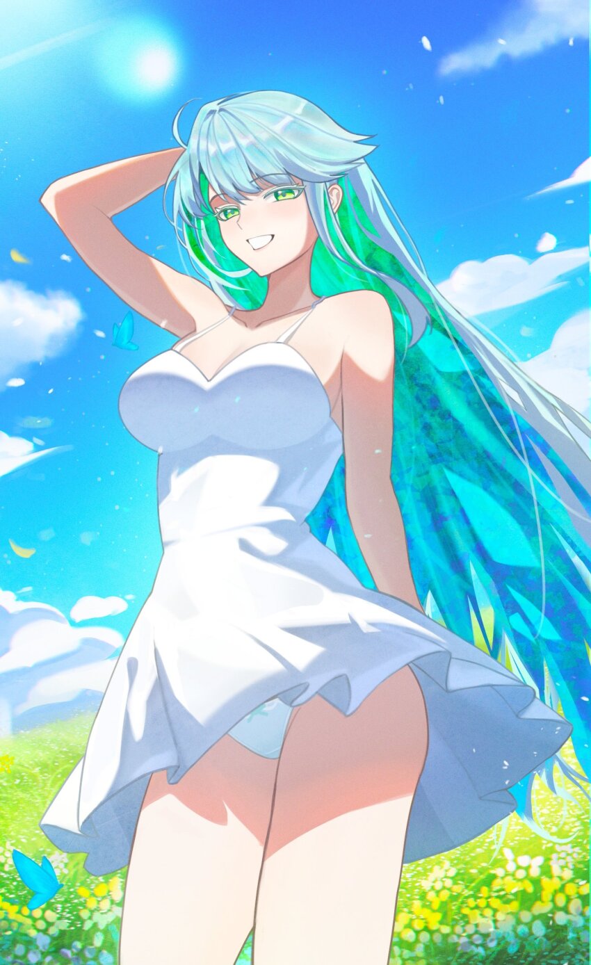 1girl absurdres arm_up breasts bug butterfly dress fate/grand_order fate_(series) field flower flower_field gradient_hair green_eyes grey_hair highres insect kaworu13 kukulkan_(fate) large_breasts long_hair looking_at_viewer multicolored_hair panties pantyshot solo underwear upskirt white_dress white_panties wind wind_lift