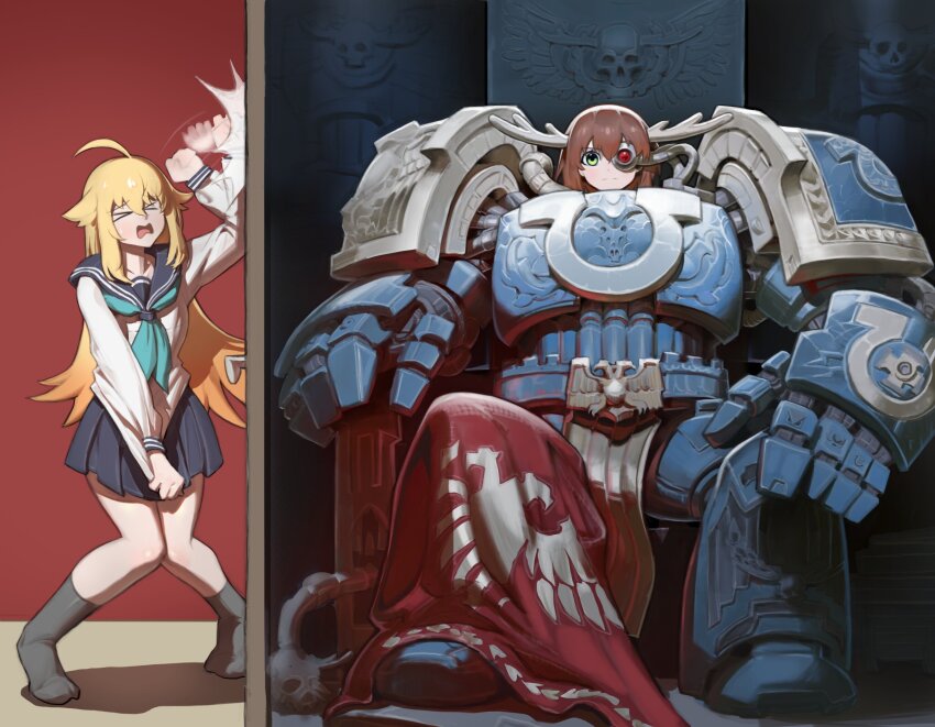 ahoge antlers aquila_(symbol) armor blonde_hair blue_neckerchief blue_sailor_collar boots breasts brown_hair crossover deer deer_antlers deer_girl highres horns imperial_aquila imperium_of_man koshi_torako long_hair long_sleeves looking_at_viewer meme multiple_girls neckerchief open_mouth pacpoi pauldrons power_armor primarch sailor_collar school_uniform serafuku shikanoko_noko shikanoko_nokonoko_koshitantan shirt short_hair shoulder_armor sitting sitting_on_throne skirt warhammer_40k white_shirt