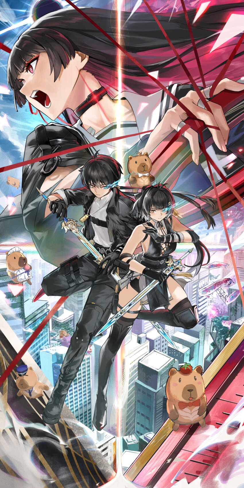 1boy 2girls absurdres aqua_eyes bare_shoulders black_boots black_choker black_dress black_gloves black_hair black_jacket black_pants black_thighhighs boots breasts chisa_(wuthering_waves) choker city closed_mouth commentary cross-laced_clothes cross-laced_dress dress dual_persona elbow_pads female_rover_(wuthering_waves) flaming_eye gloves grey_shirt hanasawa_(hanasawa062) hashtag-only_commentary heterochromia highres holding holding_sword holding_weapon jacket long_hair male_rover_(wuthering_waves) medium_breasts multiple_girls namipon_(wuthering_waves) open_mouth pants red_eyes rover_(wuthering_waves) sailor_collar shirt sword thigh_boots thighhighs thighhighs_under_boots thighs weapon white_sailor_collar wuthering_waves yellow_eyes