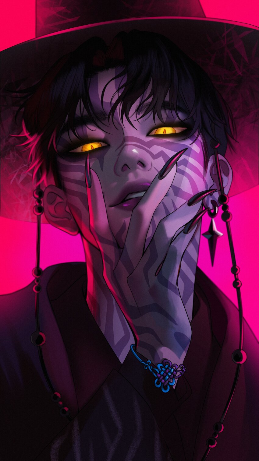 1boy absurdres black_hair black_hanbok black_nails colored_skin earrings facial_tattoo fingernails full-body_tattoo gat_(hat) gatkkeun hanbok hat highres jewelry jinu_(kpop_demon_hunters) korean_clothes korean_traditional_hat kpop_demon_hunters long_fingernails looking_at_viewer male_focus merururuu nose parted_bangs parted_lips pink_background purple_skin short_hair simple_background slit_pupils solo star_(symbol) star_earrings tattoo teeth yellow_eyes yellow_pupils