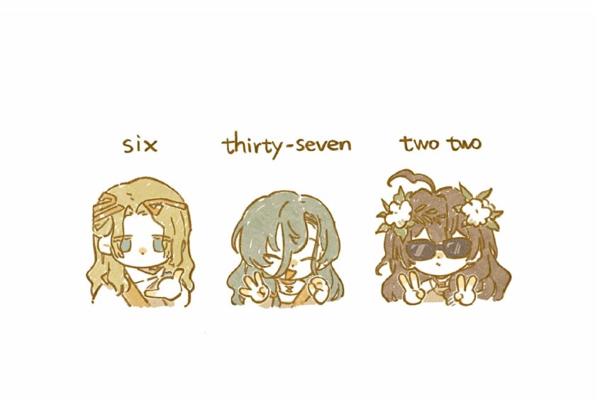 1boy 2girls 37_(reverse:1999) 6_(reverse:1999) \n/ ^_^ ahoge ancient_greek_clothes blonde_hair blue_eyes blue_hair brown_hair character_name chibi circlet closed_eyes cropped_torso double_v english_text fatutu flower greco-roman_clothes hair_between_eyes hair_flower hair_ornament halter_shirt halterneck hand_up hibiscus highres himation leaf_hair_ornament long_hair middle_w multiple_girls official_art open_mouth pun reverse:1999 shirt sleeveless sleeveless_shirt sunglasses toga upper_body v w white_background white_flower white_shirt
