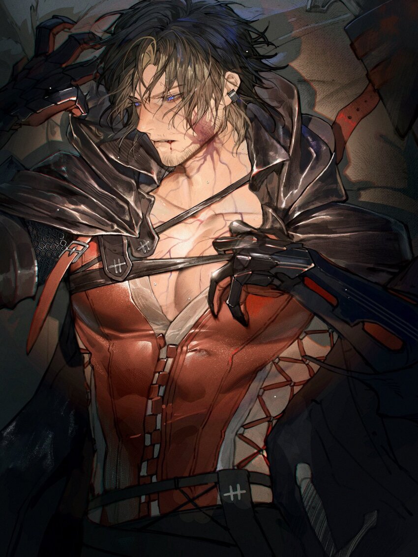 1boy bed black_cape black_hair blood blood_from_mouth blue_eyes cape clive_rosfield earrings eboda-x facial_hair facial_tattoo final_fantasy final_fantasy_xvi gloves highres jewelry leather leather_vest mustache_stubble red_robe robe stubble tattoo teardrop_earring teardrop_earrings vest