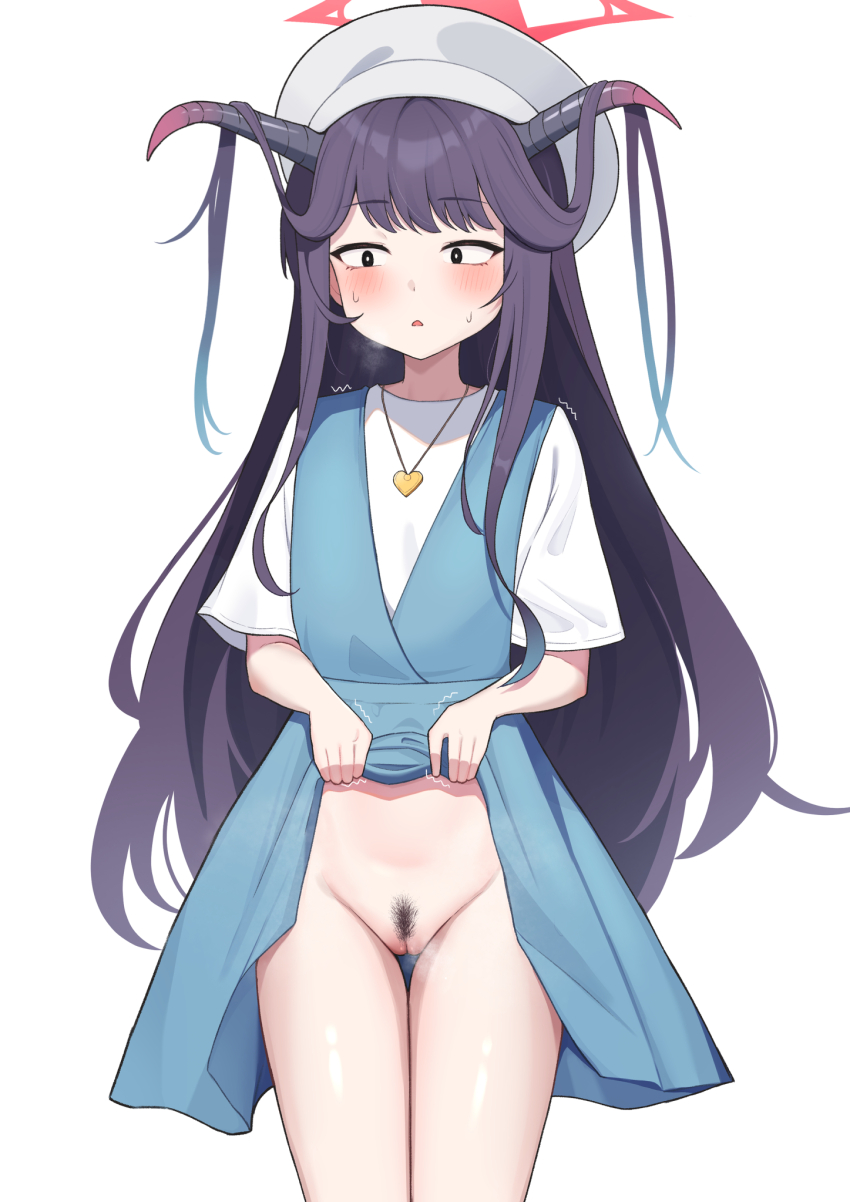 1girl black_eyes blue_archive blue_dress blush clothes_lift demon_horns dress dress_lift female_pubic_hair fuuka_(blue_archive) fuuka_(casual)_(blue_archive) hair_on_horn halo hat heart_pendant highres horns lifting_own_clothes long_hair no_panties open_mouth pubic_hair purple_hair pussy shirt solo sono standing sweat thigh_gap white_background white_hat white_shirt