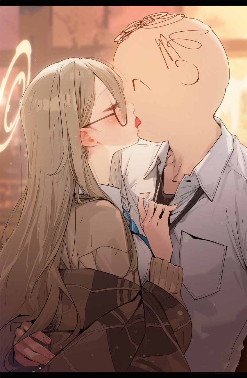 1boy 1girl akane_(blue_archive) akane_(school_uniform)_(blue_archive) black-framed_eyewear blue_archive blurry blurry_background brown_hair brown_shawl closed_eyes commentary_request drive_shot french_kiss from_side glasses highres kiss long_hair plaid_clothes plaid_shawl sensei_(blue_archive) shawl shirt very_long_hair white_shirt