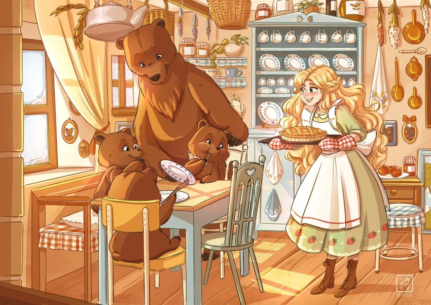 1girl 4others apron bear blonde_hair blush boots brown_footwear chair commentary cup dining_room dress eating food goldilocks goldilocks_and_the_three_bears green_dress green_eyes highres holding holding_tray indoors jam long_hair looking_at_another maria_dresden multiple_others oven_mitts pie plate serving_tray spanish_commentary stool table tray white_apron wooden_chair wooden_floor
