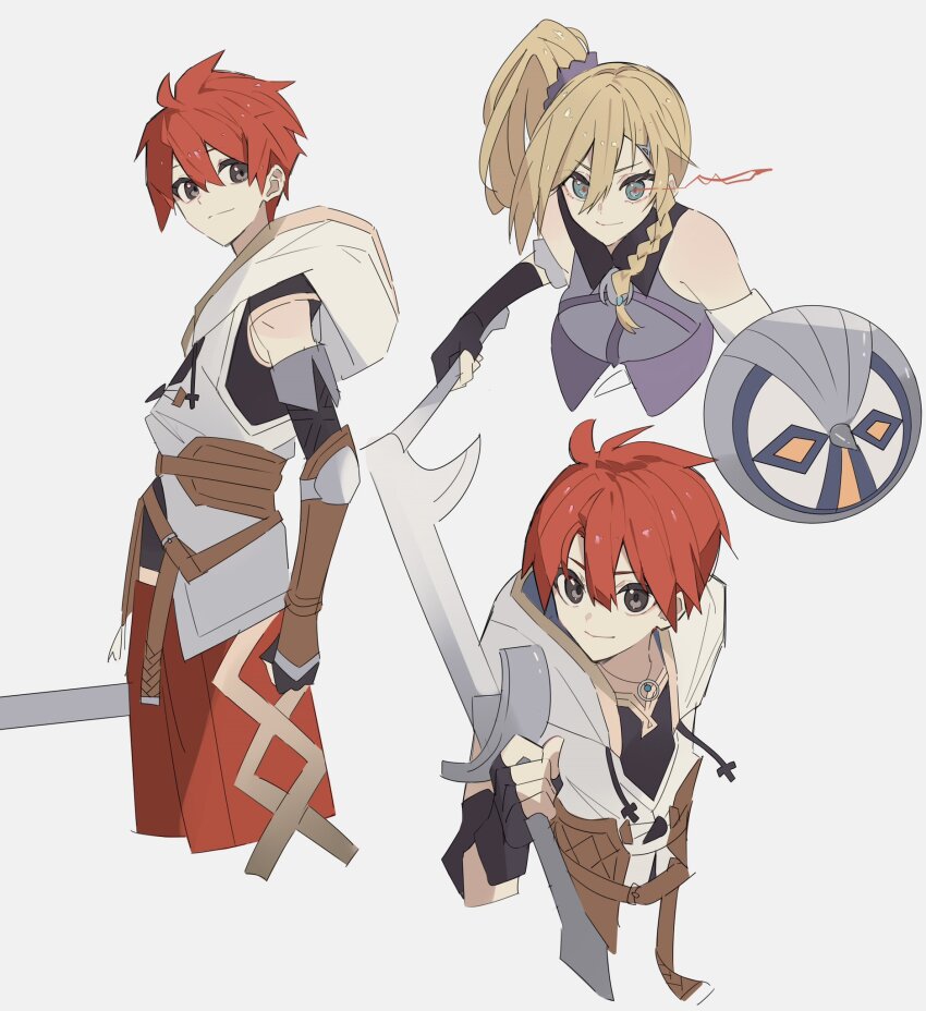 1boy 1girl adol_christin blue_eyes braid commentary double-parted_bangs george_man grey_eyes hair_between_eyes highres holding holding_shield holding_sword holding_weapon hood hoodie karja_balta multiple_views ponytail red_hair red_shorts shield short_hair shorts simple_background single_braid sword symbol-only_commentary weapon white_background white_hoodie ys ys_x:_nordics