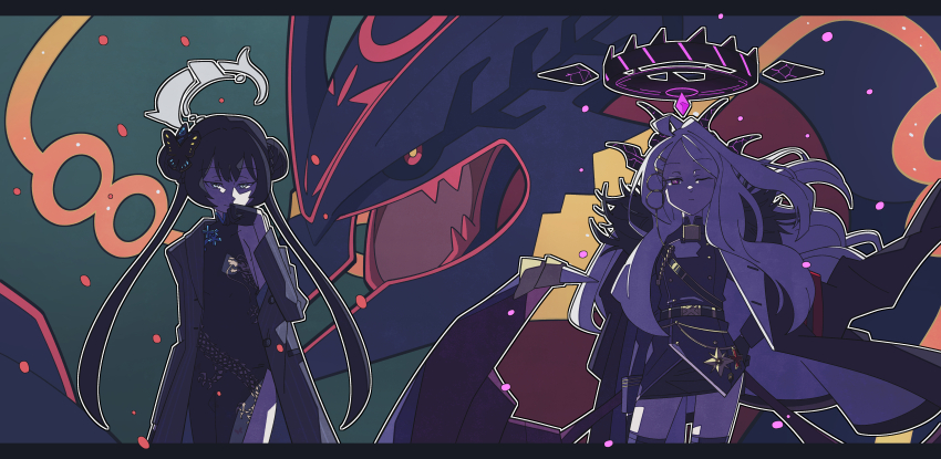 absurdres ahoge armband black_coat black_hair black_halo black_skirt blue_archive breasts china_dress chinese_clothes coat coat_on_shoulders crossover demon_girl demon_horns demon_wings double_bun dress gen_3_pokemon grey_eyes grey_halo hair_bun halo highres hina_(blue_archive) horns kisaki_(blue_archive) legendary_pokemon long_hair looking_at_viewer mega_pokemon mega_rayquaza nintendo pokemon pokemon_(creature) purple_eyes rayquaza red_armband skirt small_breasts standing toucho3691 white_hair wings
