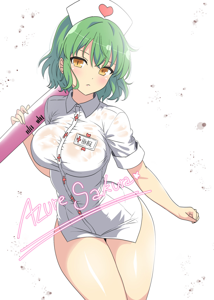 1girl absurdres azuresakura blush breasts cowboy_shot cross dress green_hair groin hair_between_eyes hat heart highres hikage_(senran_kagura) holding holding_syringe large_breasts large_syringe looking_at_viewer name_tag nurse nurse_cap oversized_object red_cross senran_kagura senran_kagura_shinovi_versus senran_kagura_shoujo-tachi_no_shin&#039;ei shiny_skin short_hair short_sleeves signature simple_background slit_pupils solo standing syringe thighs white_background white_dress yellow_eyes