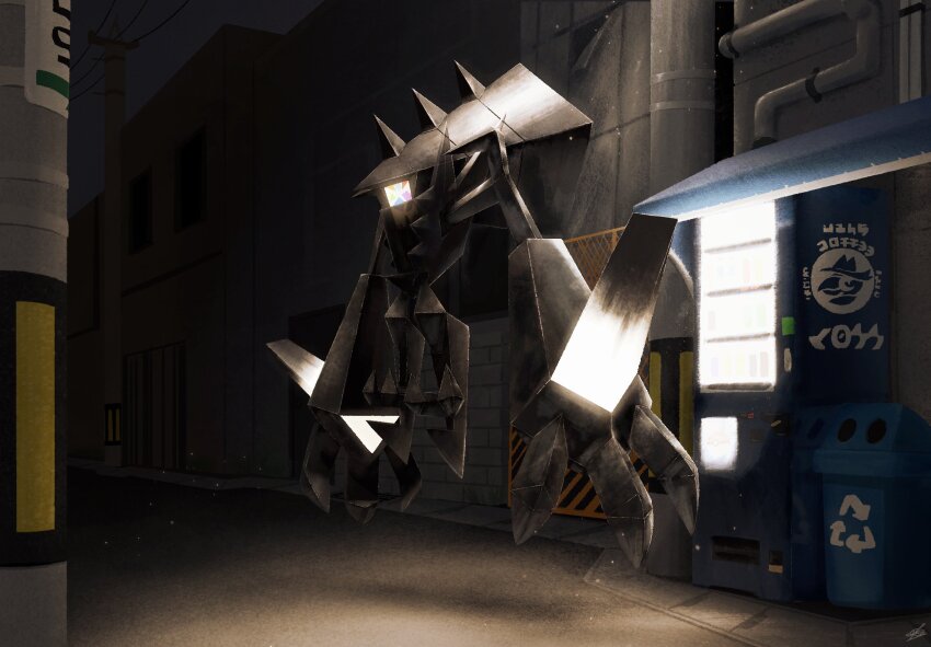 alley arrow_(symbol) black_gemstone claws crystal dark ewokakukaede fake_text fewer_digits floating gem gen_7_pokemon glowing highres industrial_pipe legendary_pokemon necrozma necrozma_(normal) night nintendo no_humans pokemon pokemon_(creature) pokemon_focus recycle_bin recycling_symbol spikes trash_can vending_machine