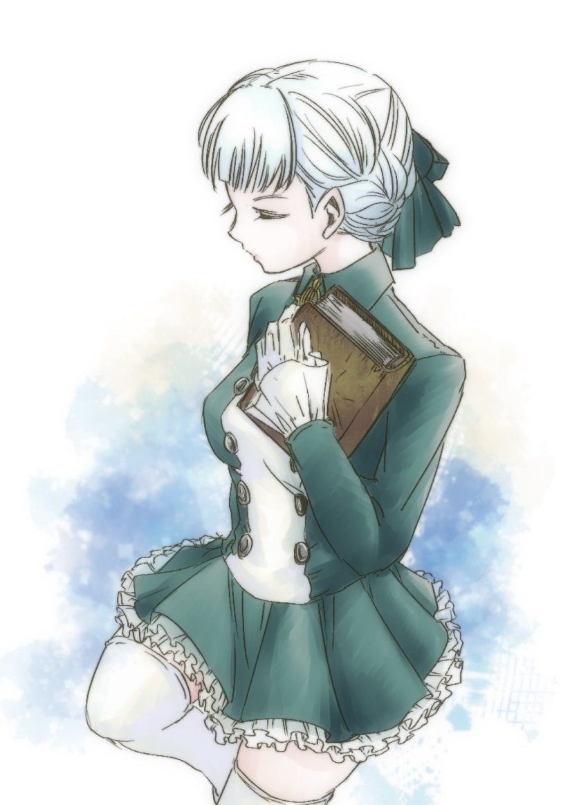 1girl alice_elliot book bow braid breasts buttons closed_mouth dress closed_eyes gloves hair_bow highres holding long_sleeves mirin_(gyochou) shadow_hearts short_hair skirt solo thighhighs white_hair