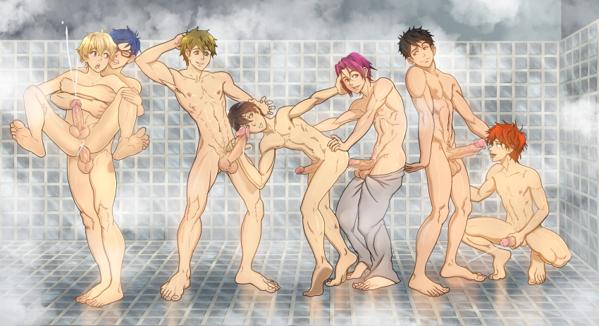10s 6+boys absurdres anal anma_(ryuichi87) ass barefoot bathroom black_hair blonde_hair blue_eyes brown_hair clenched_teeth cum cum_in_ass ejaculating_while_penetrated ejaculation feet free! full_body glasses grin group_sex handjob hazuki_nagisa highres male_focus male_penetrated masturbation matsuoka_rin mikoshiba_momotarou multiple_boys muscular nanase_haruka_(free!) orange_hair orgasm orgy penis penis_grab purple_hair ryuugazaki_rei sex shower smile smirk steam tachibana_makoto teeth toes tongue tongue_out undressing wet yamazaki_sousuke yaoi