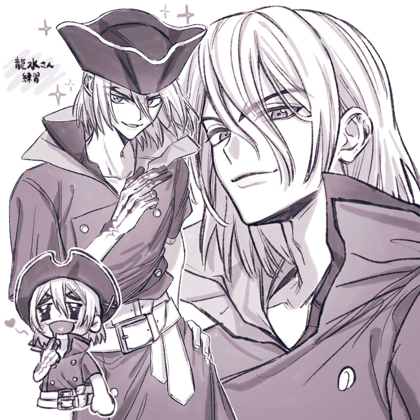 1boy belt chibi chibi_inset coat dr._stone greyscale hair_between_eyes hat heart highres hungry looking_at_viewer male_focus medium_hair monochrome multiple_views nanami_ryuusui pirate_hat simple_background smile smirk sparkle tricorne wa_wawa_ii white_background