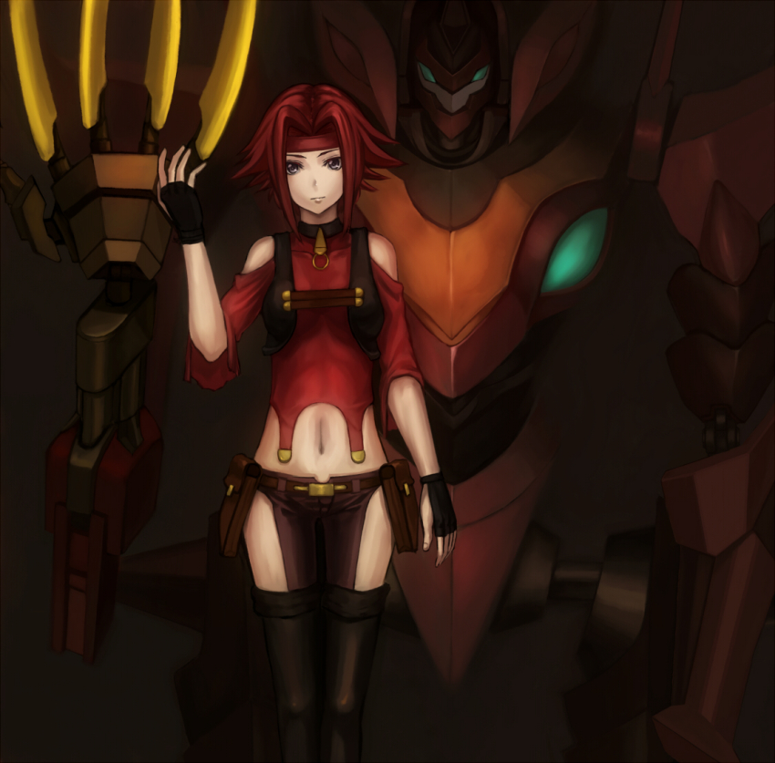 1girl bad_id bad_pixiv_id bare_shoulders belt black_thighhighs blue_eyes boots carmen99 carmen99_(cosplay) code_geass cosplay female_focus fingerless_gloves gloves grey_eyes gunxsword guren_(code_geass) guren_mk-ii guren_s.e.i.t.e.n._eight_elements headband kouzuki_kallen kronossin mecha midriff navel red_hair robot shinomoto_gekka short_hair solo thigh_boots thighhighs vest
