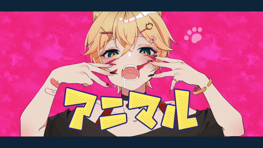 1boy absurdres animal_(vocaloid) animal_ears bandaid black_shirt blonde_hair blue_eyes cat_hair_ornament choker facial_mark fangs hair_ornament hairclip highres jewelry kagamine_len looking_at_viewer nail_polish open_mouth shirt short_hair solo song_name syiga vocaloid
