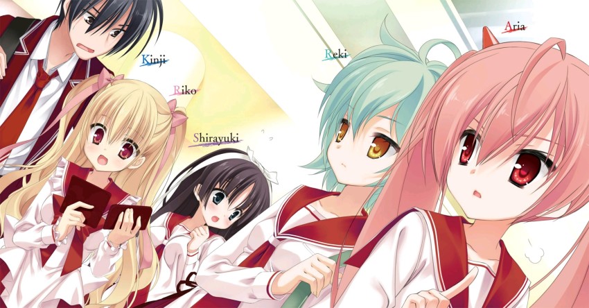 1girl 4girls ahoge aqua_hair black_eyes black_hair blonde_hair character_name collarbone hair_between_eyes hair_ribbon hidan_no_aria highres holding hotogi_shirayuki index_finger_raised kanzaki_h._aria kobuichi long_hair mine_riko multiple_girls necktie novel_illustration official_art open_mouth pink_hair pink_ribbon red_eyes red_necktie reki_(hidan_no_aria) ribbon school_uniform serafuku shirt short_hair tooyama_kinji two_side_up white_shirt yellow_eyes